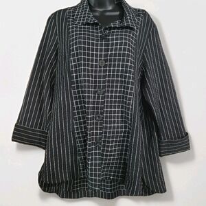 Habitat Black & White Button Front Blouse Sz M Oversize Lagenlook 3/4 Slv Artsy